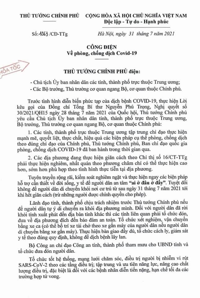 CÔNG ĐIỆN của Thủ tướng Chính phủ về phòng chống dịch COVID-19